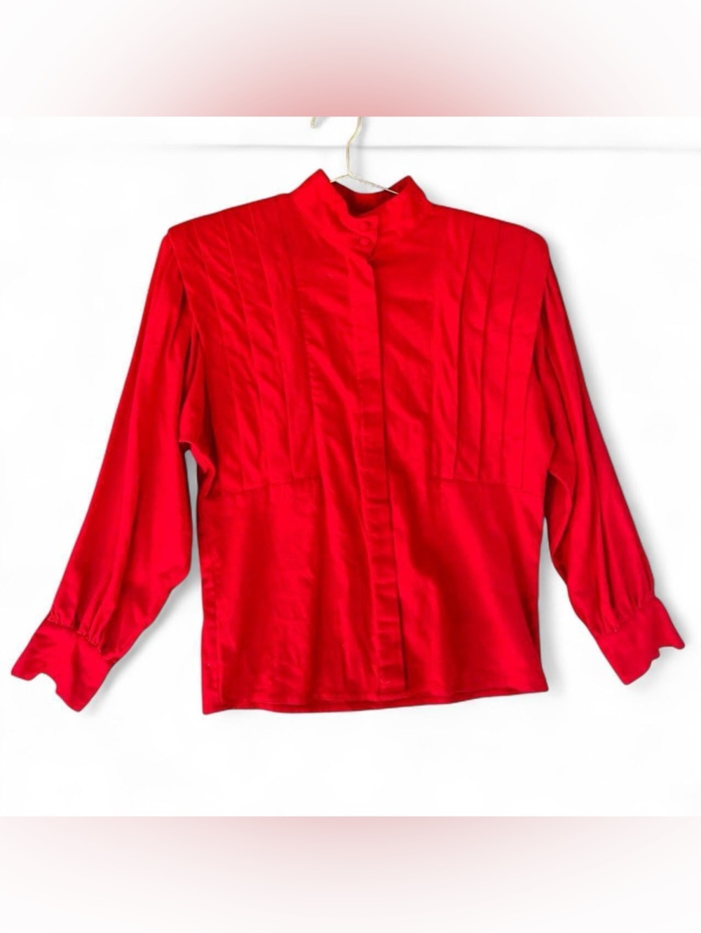 Vintage 80s Liz Claiborne Red Wool Mock Neck Blouse – Power Shoulder Button-Up